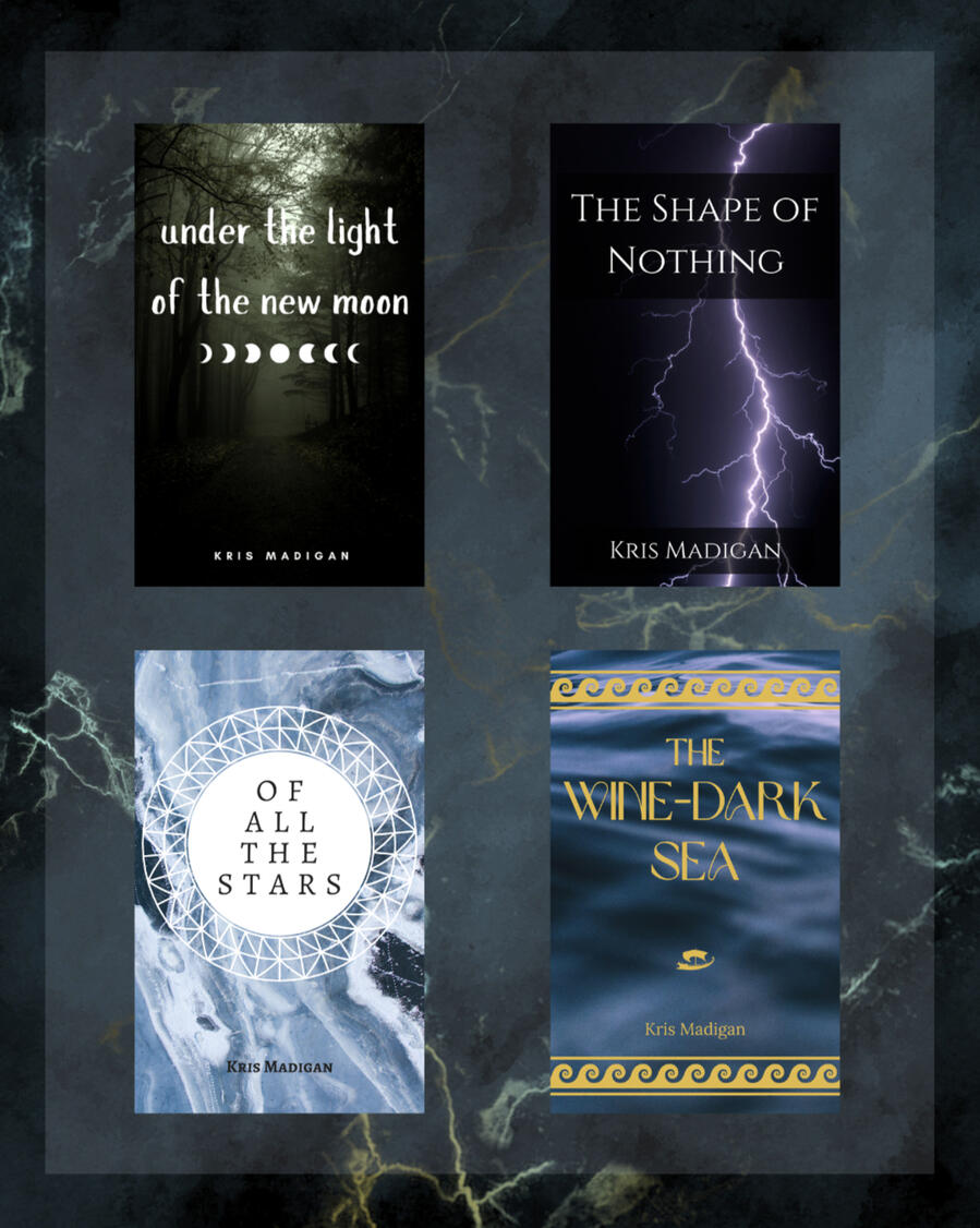 a dark blueish green marble background with four story covers on them. one is green, one is purple, and the bottom two are light blue and a darker blue