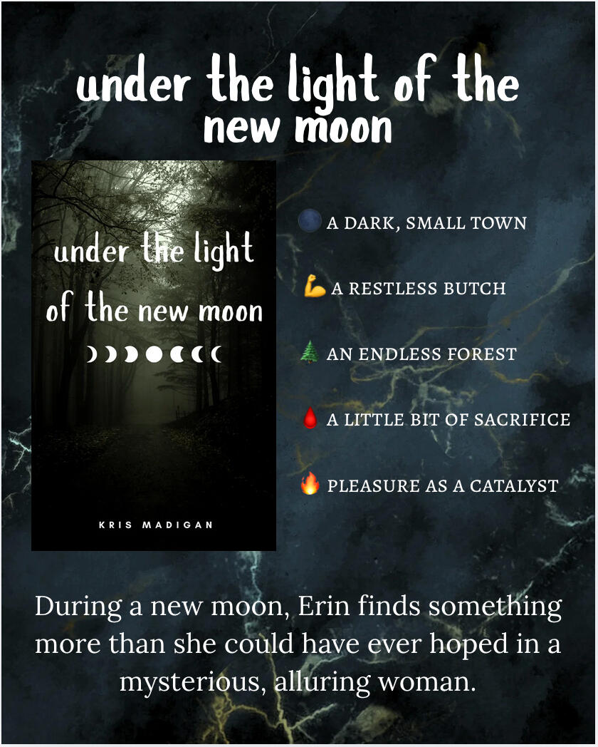 under the light of the new moon a dark blue marble background. the cover for under the light of the new moon sits at the left, a green forest with the title in white. tropes read "a dark, small town, a restless butch, an endless forest, a little bit of sacrifice, pleasure as a catalyst"