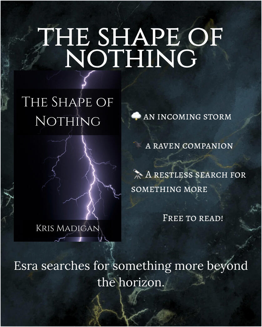 The Shape of Nothing dark blue-green marble background. the cover of the shape of nothing is at the left, a purple tinged bolt of lightning with the name of the story at the top. trope text reads "an incoming storm, a raven companion, a restless search for something more, free